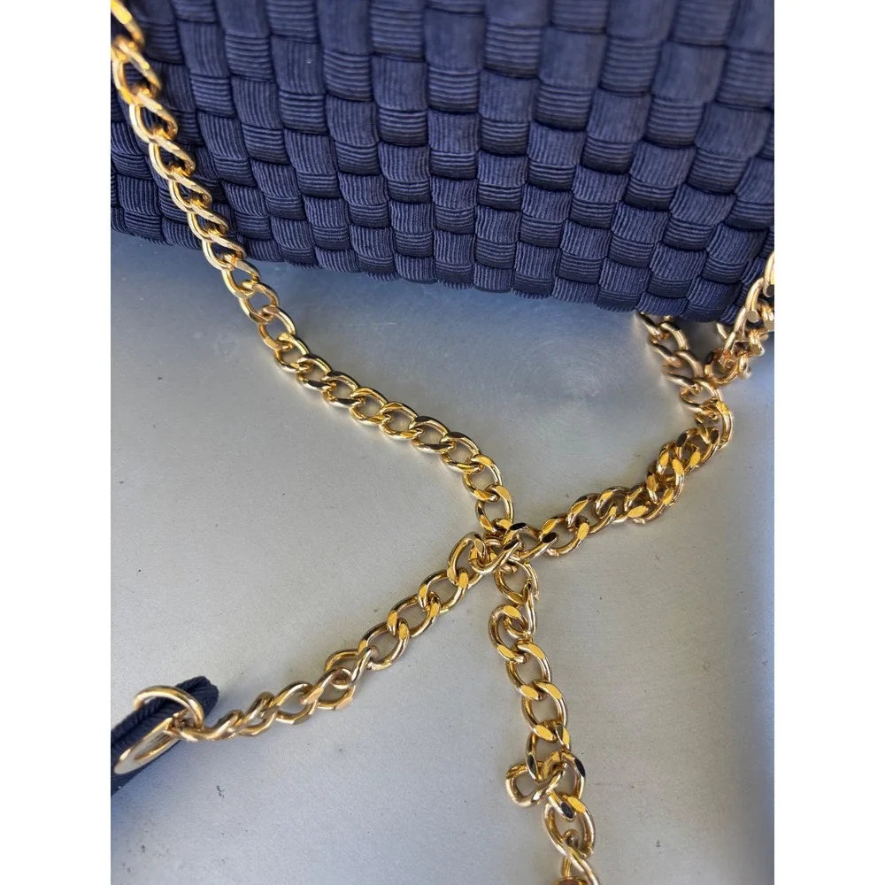 Inge Christopher Navy Blue Woven Ribbon Shoulder Bag Gold Chain Strap